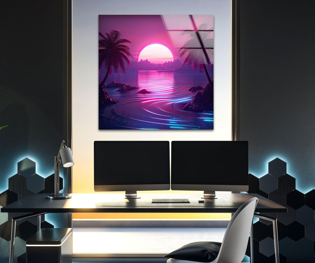 Synthwave Pink Landscape Glass Wall Art print picture on glass, Tempered Glass Wall Art
