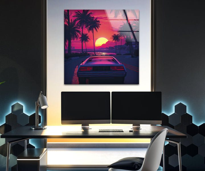 Synthwave Pink & Car Glass Wall Art art glass wall art, glass wall art pictures
