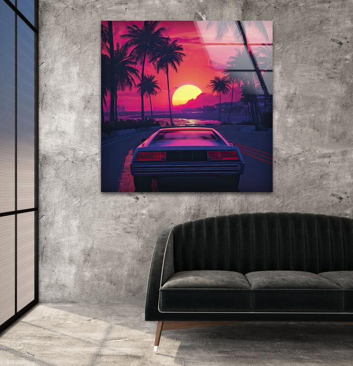 Synthwave Pink & Car Glass Wall Art stained glass wall art, stained glass wall decor
