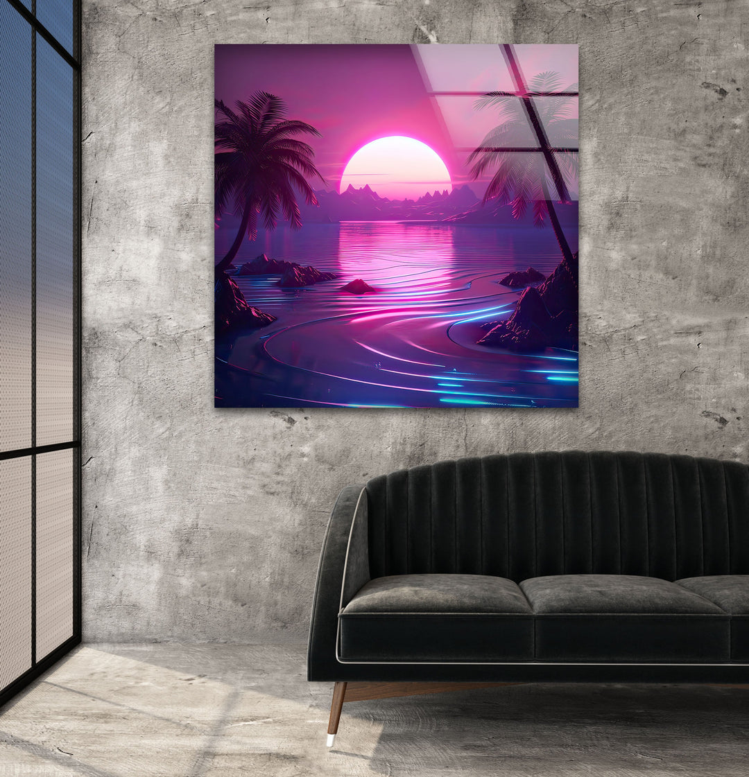 Synthwave Pink Landscape Glass Wall Art picture on glass wall art, photos printed on glass
