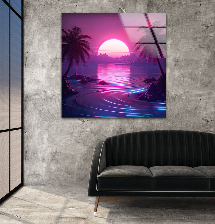 Synthwave Pink Landscape Glass Wall Art picture on glass wall art, photos printed on glass
