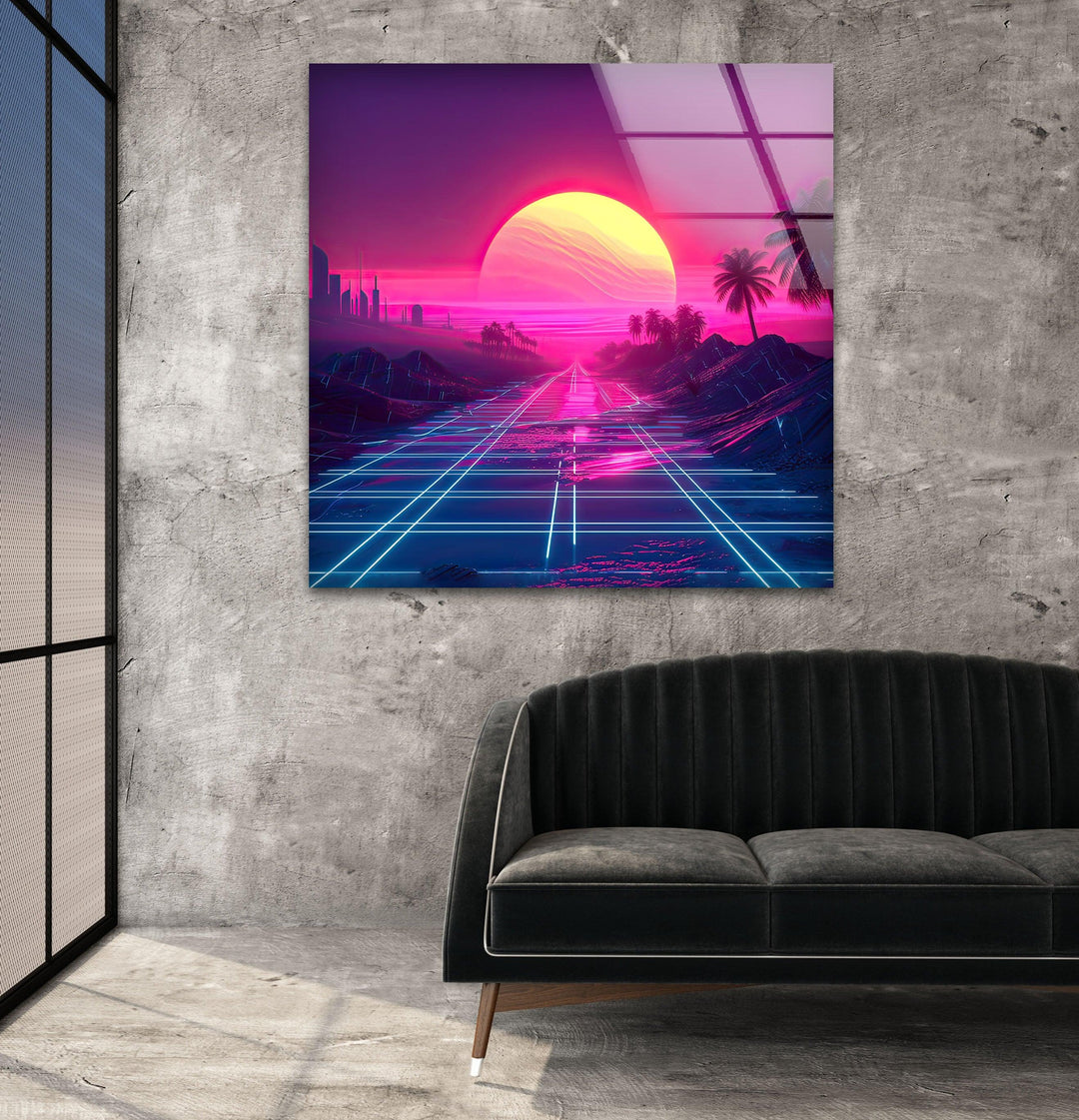 Synthwave Pink Sunset Glass Wall Art Glass Printing Wall Art, Print photos on glass
