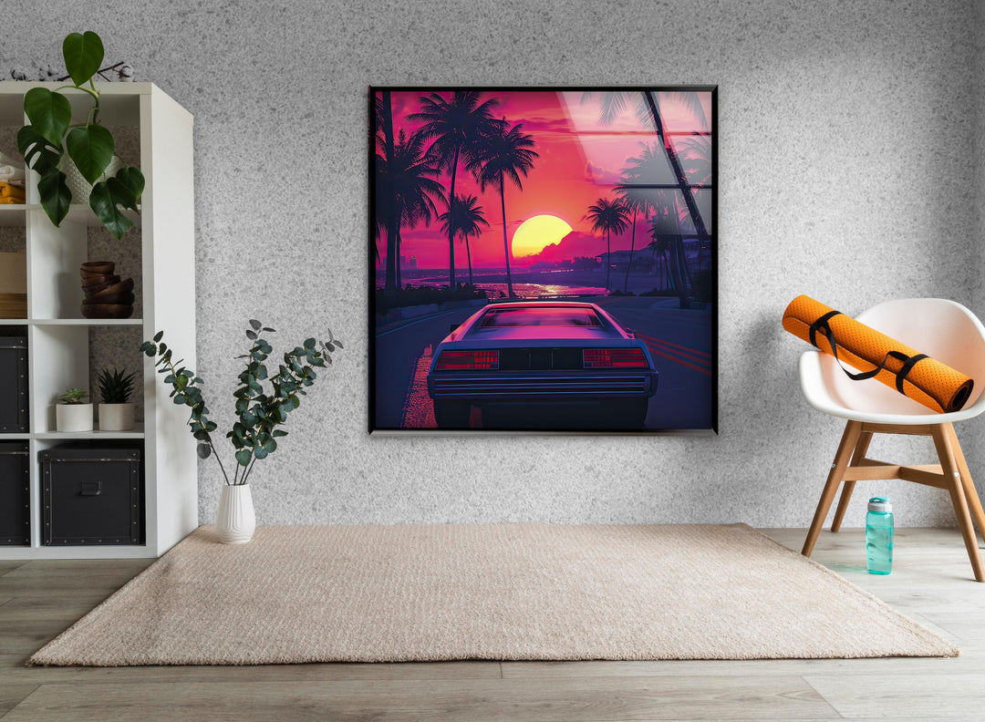 Synthwave Pink & Car Glass Wall Art glass art painting, glass art for the Wall
