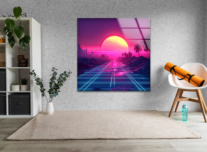 Synthwave Pink Sunset Glass Wall Art glass photo prints, glass picture prints
