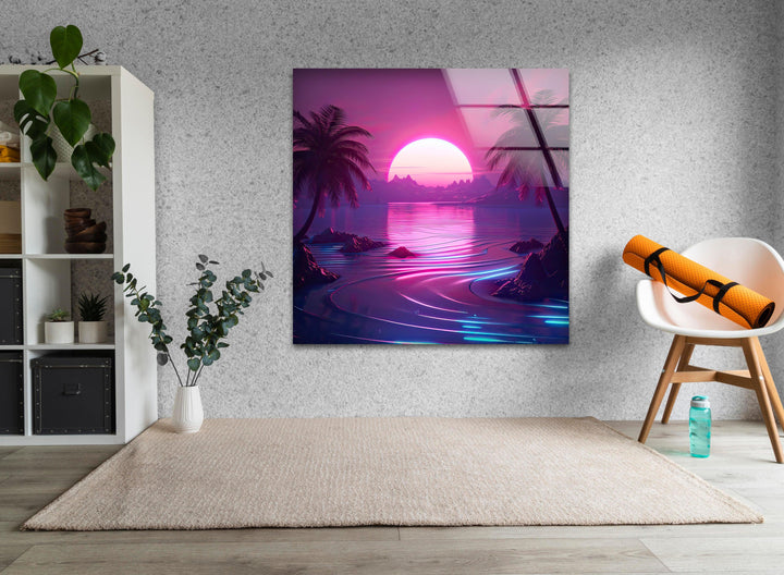 Synthwave Pink Landscape Glass Wall Art print on glass, glass printed photos
