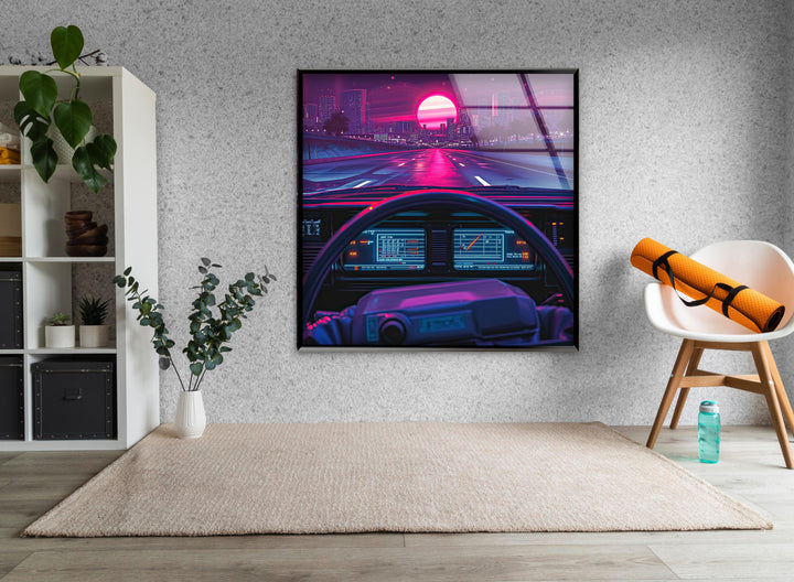 Retro Car Driving Glass Wall Art glass photo prints, glass picture prints
