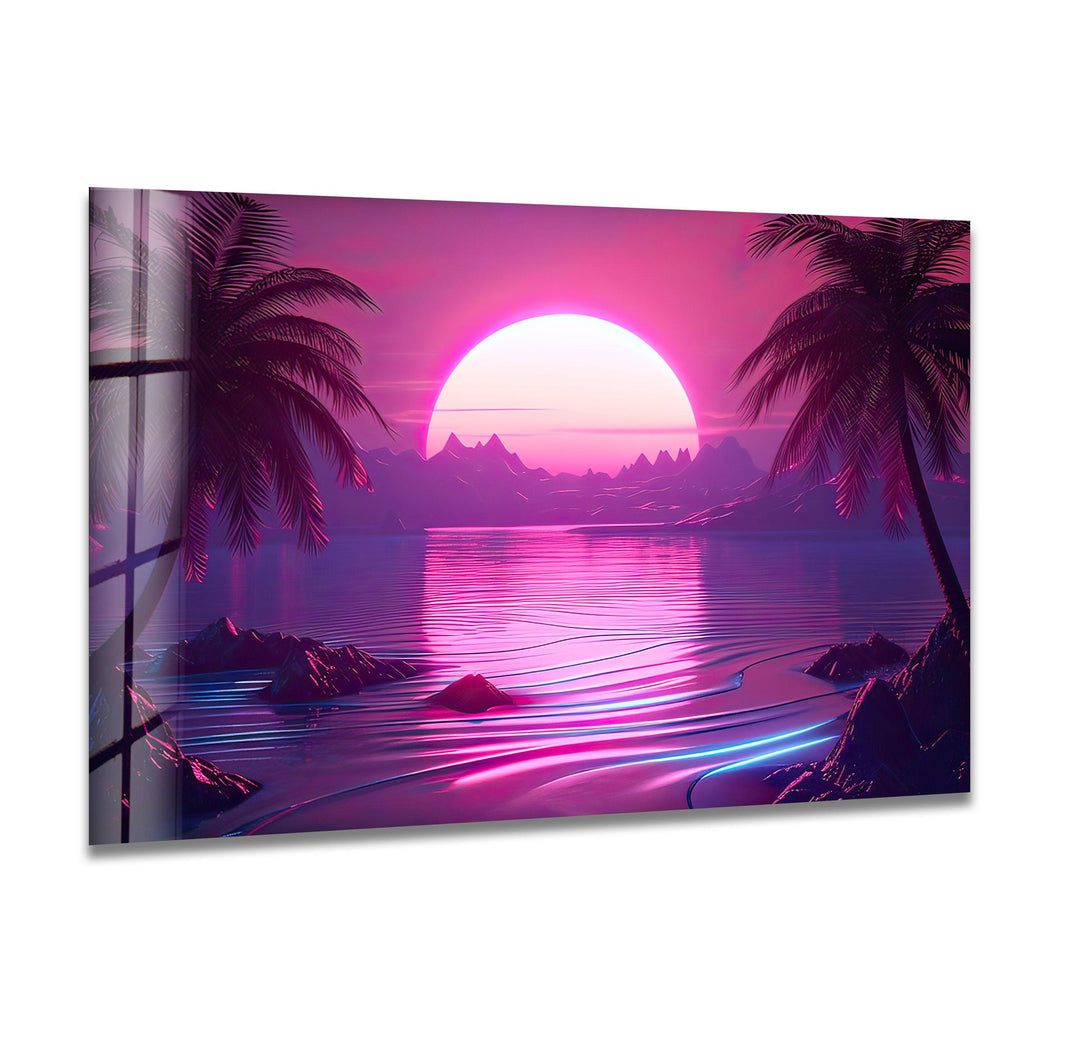 Synthwave Pink Landscape Glass Wall Art large glass photo prints, glass wall photos
