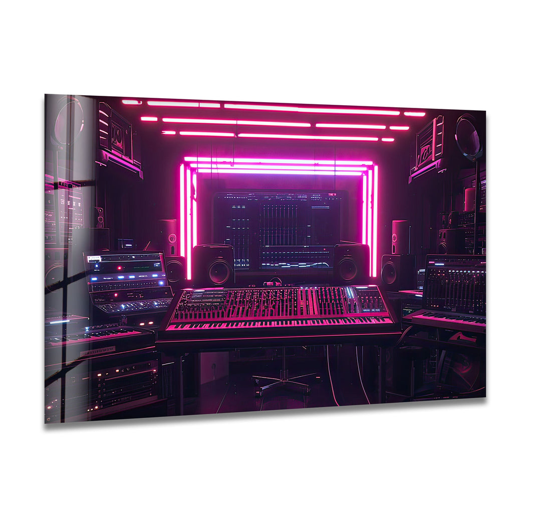 Synthwave Pink Dj Studio Glass Wall Art glass art painting, glass art for the Wall
