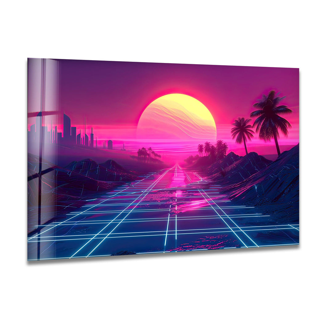 Synthwave Pink Sunset Glass Wall Art glass art painting, glass art for the Wall
