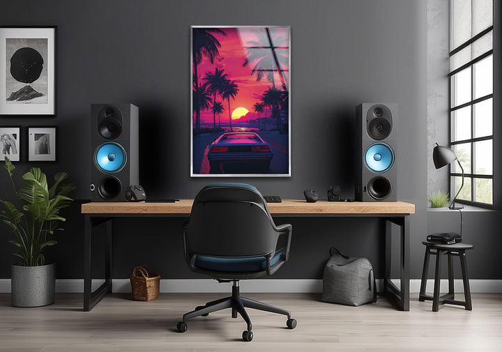 Synthwave Pink & Car Glass Wall Art Glass Printing Wall Art, Print photos on glass
