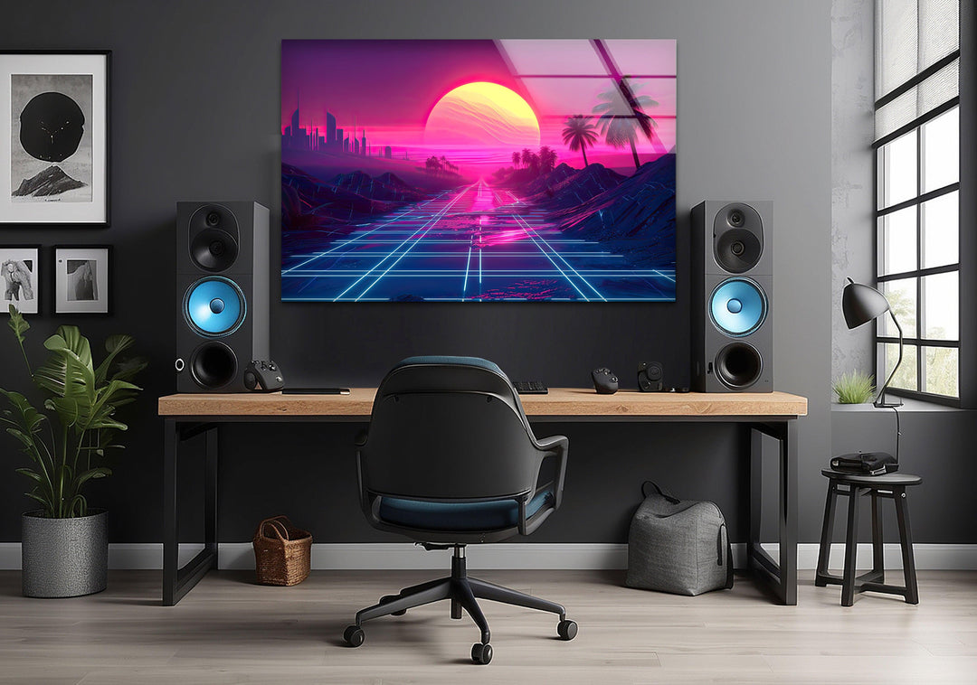 Synthwave Pink Sunset Glass Wall Art glass pictures for Wall, glass prints wall art
