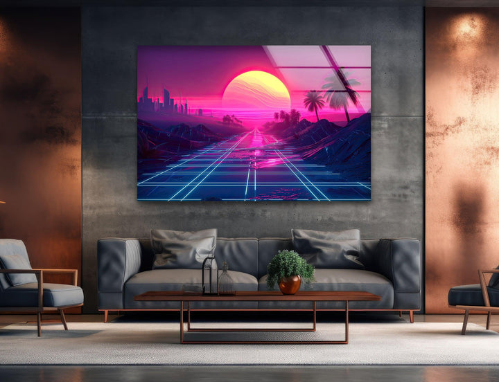 Synthwave Pink Sunset Glass Wall Art custom glass pictures, glass art prints
