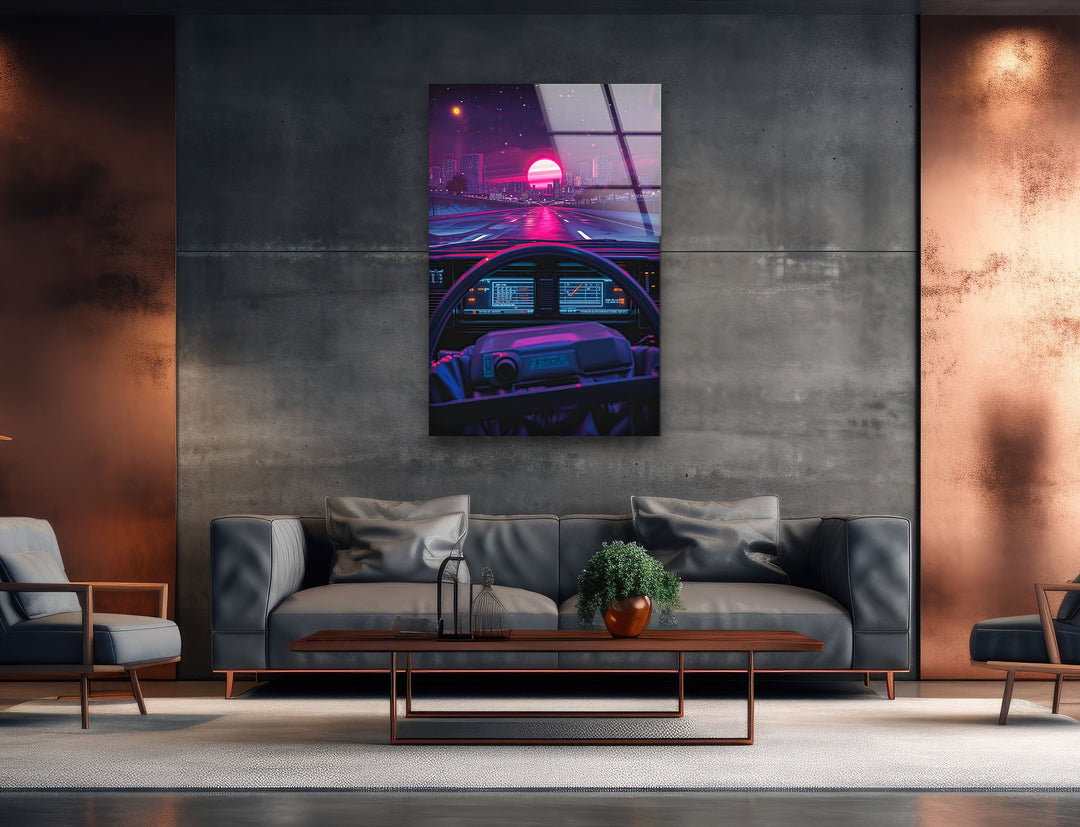 Retro Car Driving Glass Wall Art custom glass pictures, glass art prints
