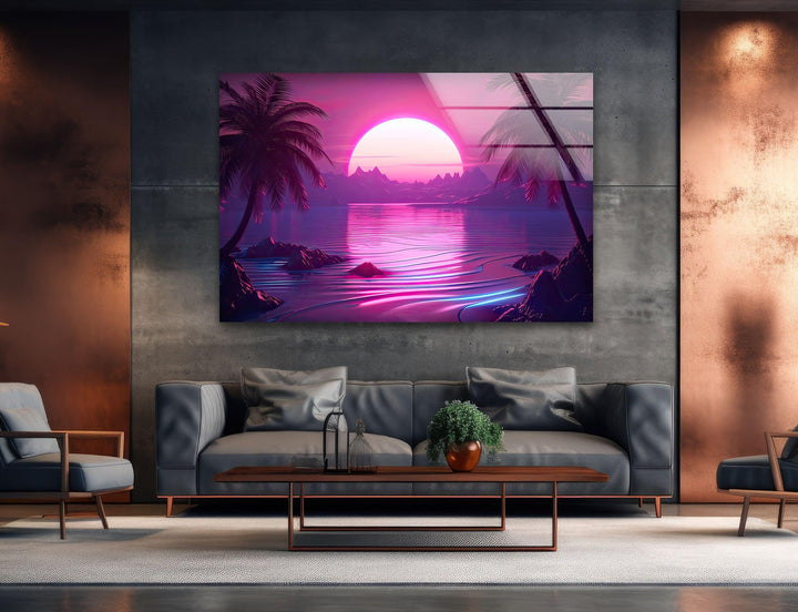 Synthwave Pink Landscape Glass Wall Art stained glass wall art, stained glass wall decor
