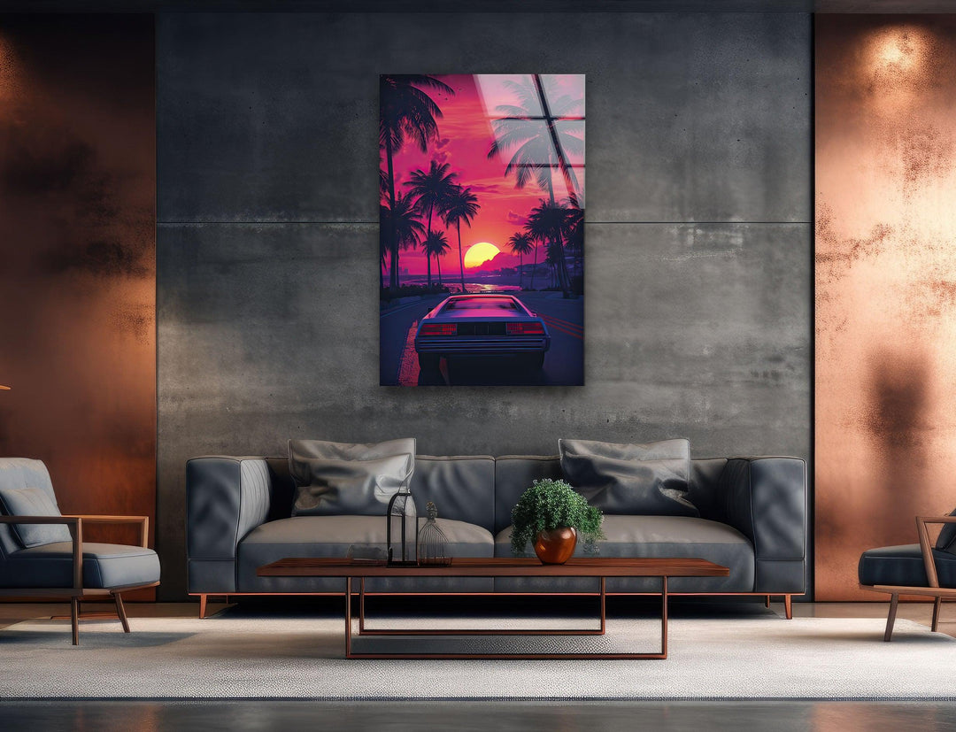 Synthwave Pink & Car Glass Wall Art glass photo prints, glass picture prints
