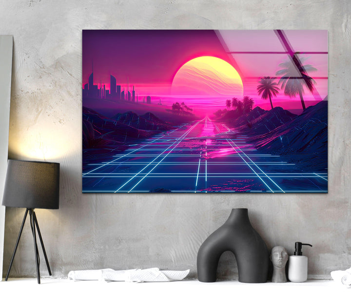 Synthwave Pink Sunset Glass Wall Art photo print on glass, prints on glass wall art
