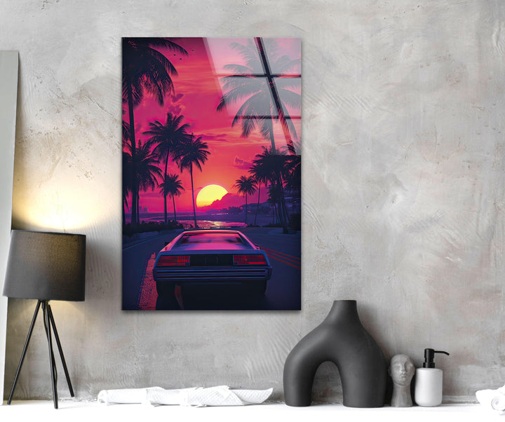 Synthwave Pink & Car Glass Wall Art glass image printing, glass prints from photos
