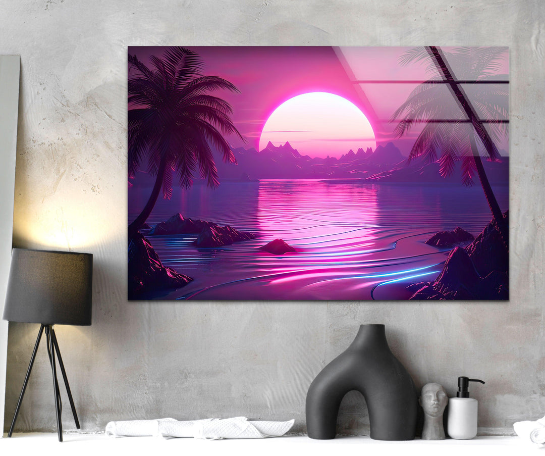 Synthwave Pink Landscape Glass Wall Art glass art painting, glass art for the Wall
