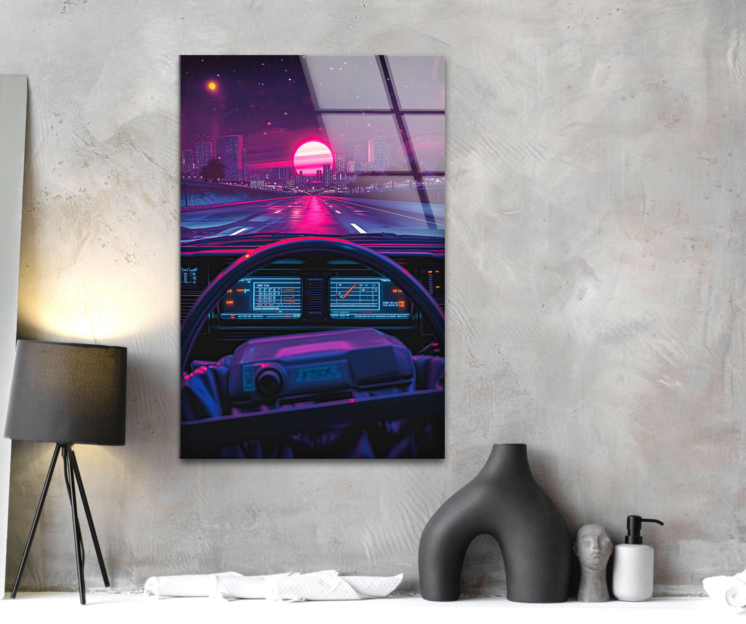 Retro Car Driving Glass Wall Art photo print on glass, prints on glass wall art
