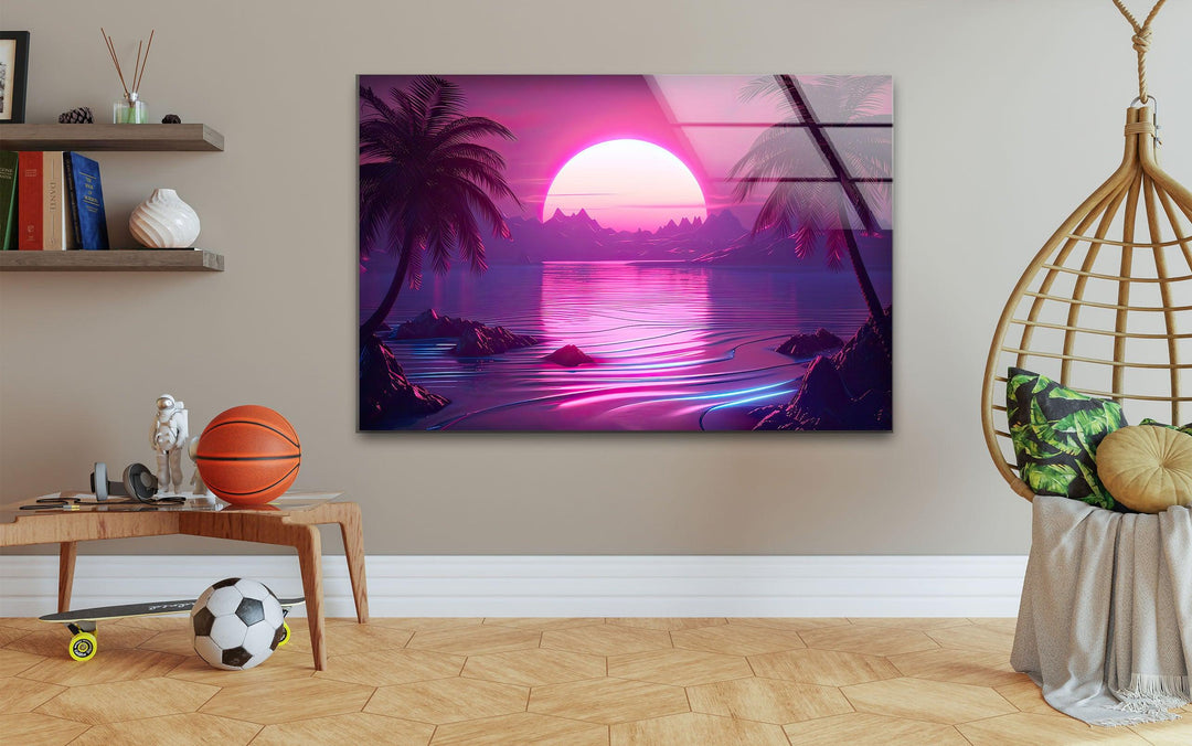 Synthwave Pink Landscape Glass Wall Art art glass wall art, glass wall art pictures
