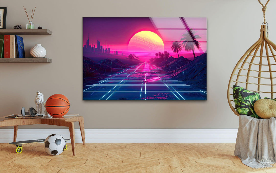 Synthwave Pink Sunset Glass Wall Art large glass photo prints, glass wall photos
