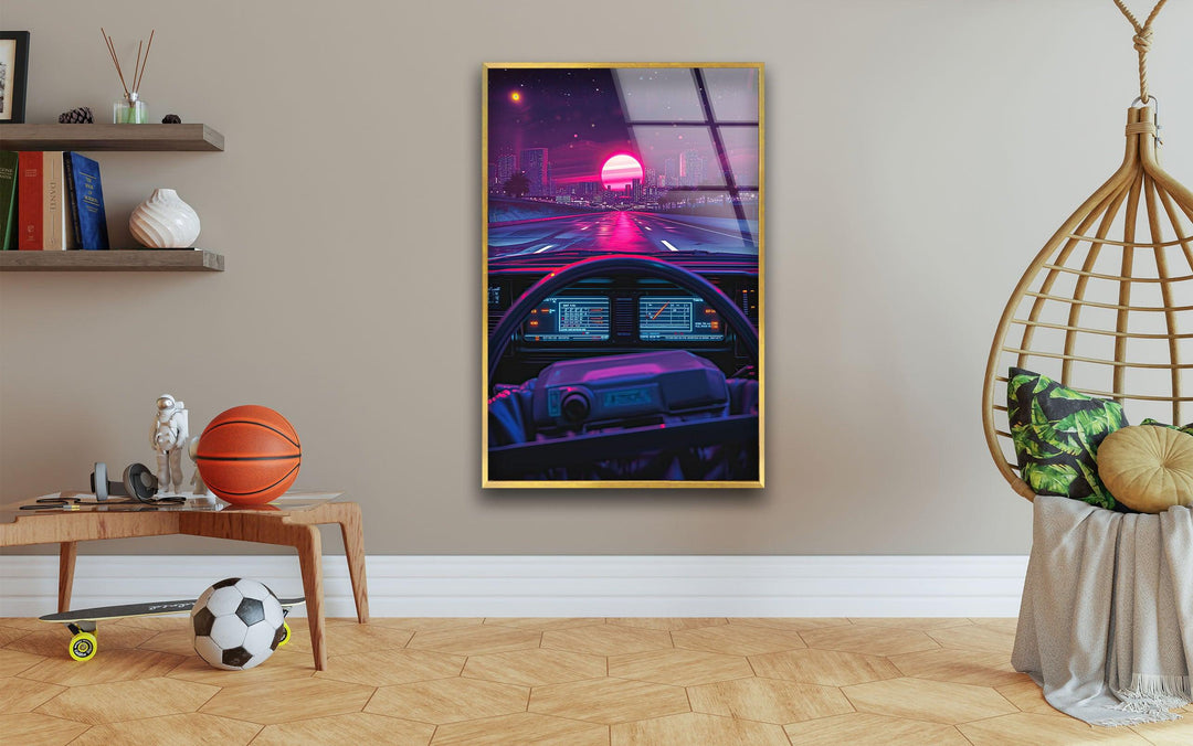 Retro Car Driving Glass Wall Art