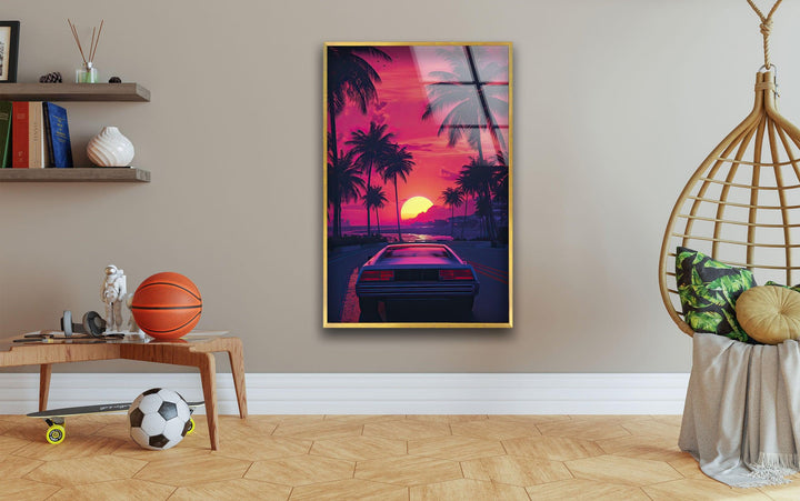 Synthwave Pink & Car Glass Wall Art glass pictures for Wall, glass prints wall art
