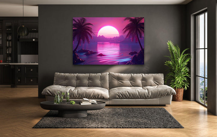 Synthwave Pink Landscape Glass Wall Art custom glass photo prints, large glass prints
