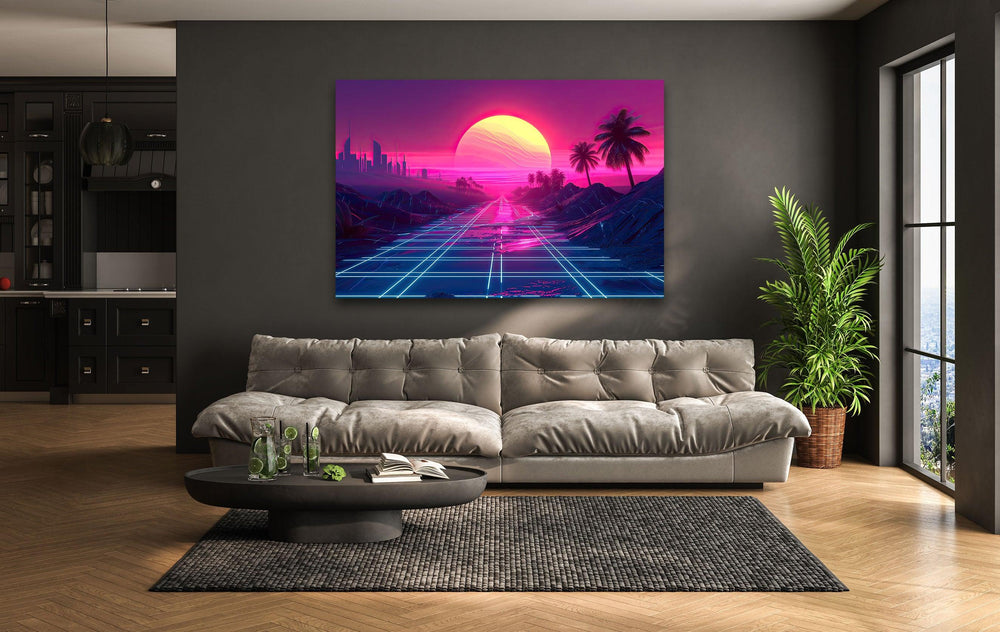 Synthwave Pink Sunset Glass Wall Art art glass wall art, glass wall art pictures
