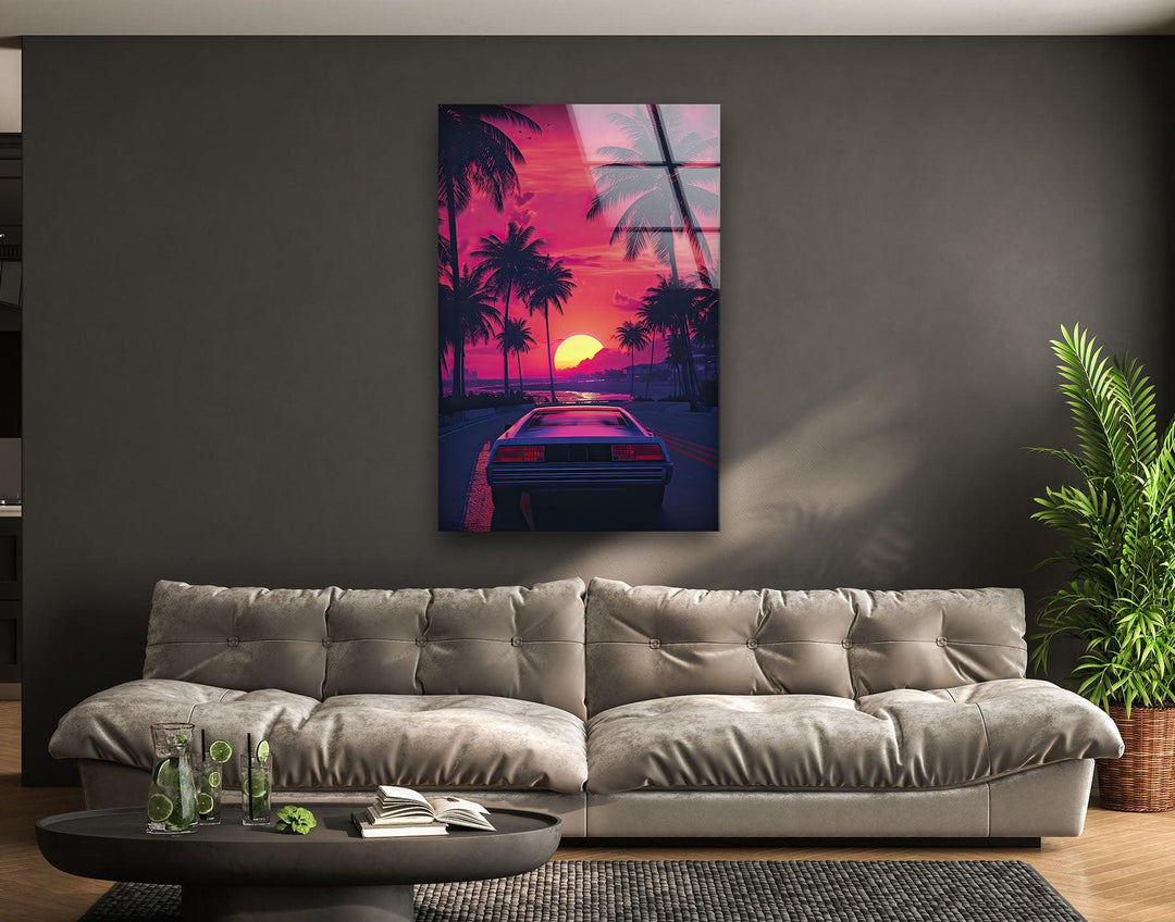 Synthwave Pink & Car Glass Wall Art glass wall decor, glass wall art decor
