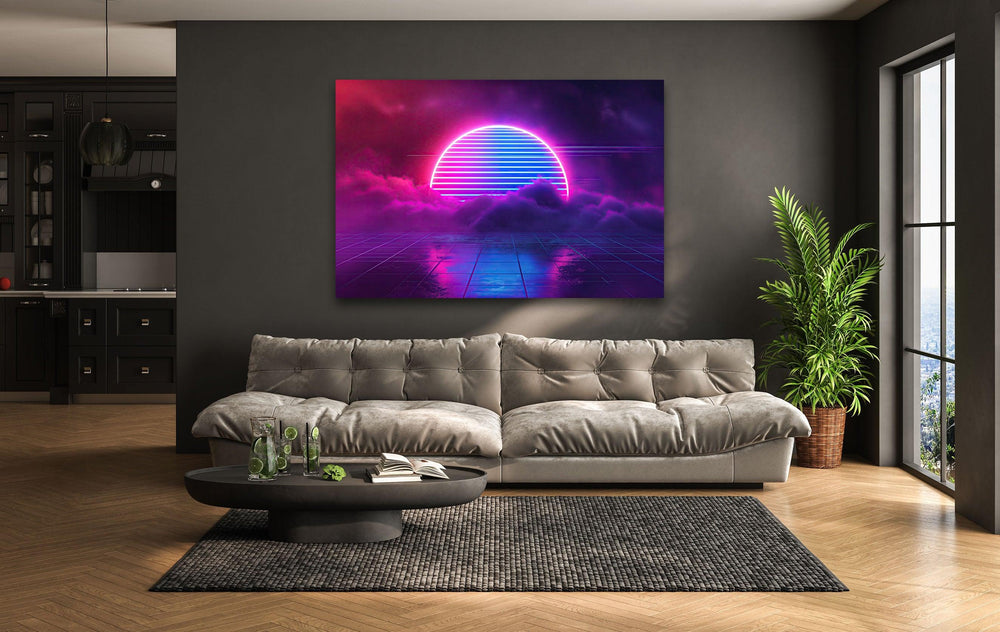 Synthwave Pink Lines Glass Wall Art glass pictures for Wall, glass prints wall art
