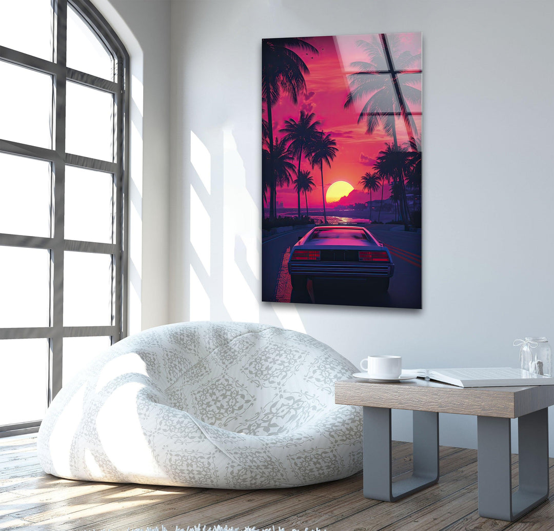 Synthwave Pink & Car Glass Wall Art custom glass pictures, glass art prints
