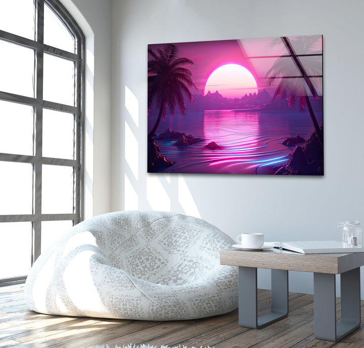 Synthwave Pink Landscape Glass Wall Art Glass Printing Wall Art, Print photos on glass
