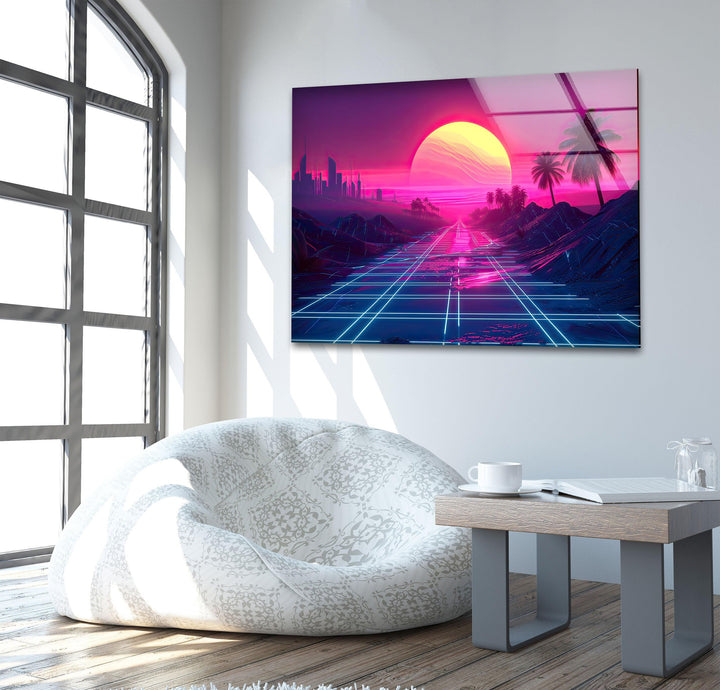 Synthwave Pink Sunset Glass Wall Art custom glass photo prints, large glass prints
