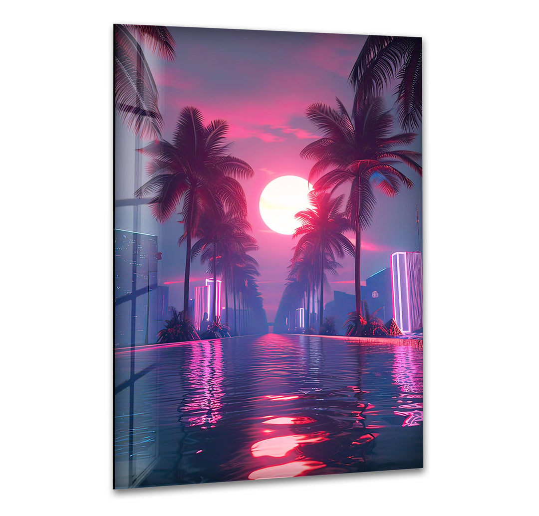 Synthwave Pink Glass Wall Art print picture on glass, Tempered Glass Wall Art
