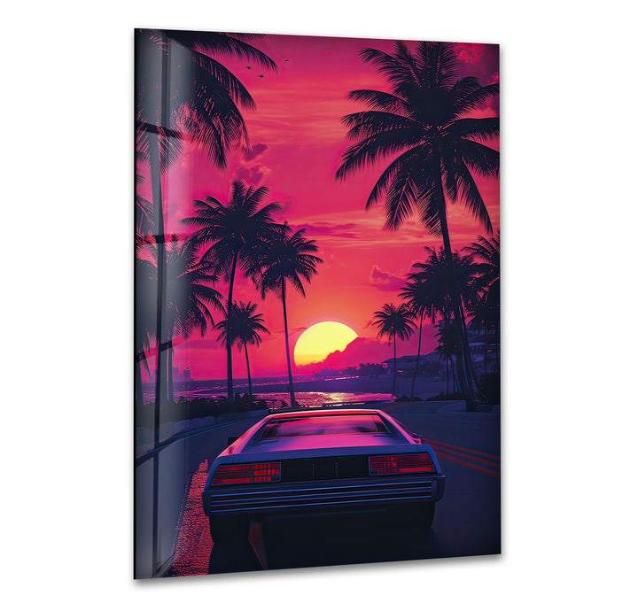 Synthwave Pink & Car Glass Wall Art print picture on glass, Tempered Glass Wall Art
