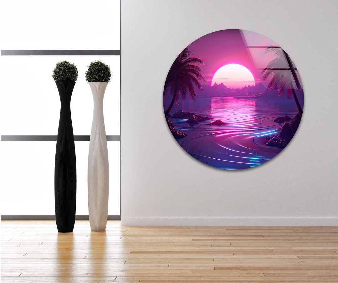 Synthwave Pink Landscape Glass Wall Art glass photo prints, glass picture prints
