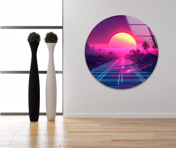 Synthwave Pink Sunset Glass Wall Art picture on glass wall art, photos printed on glass
