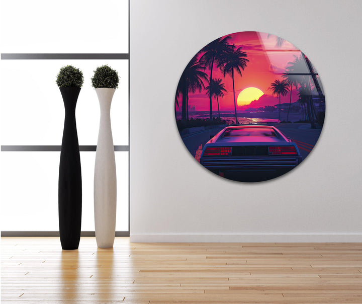 Synthwave Pink & Car Glass Wall Art photo print on glass, prints on glass wall art
