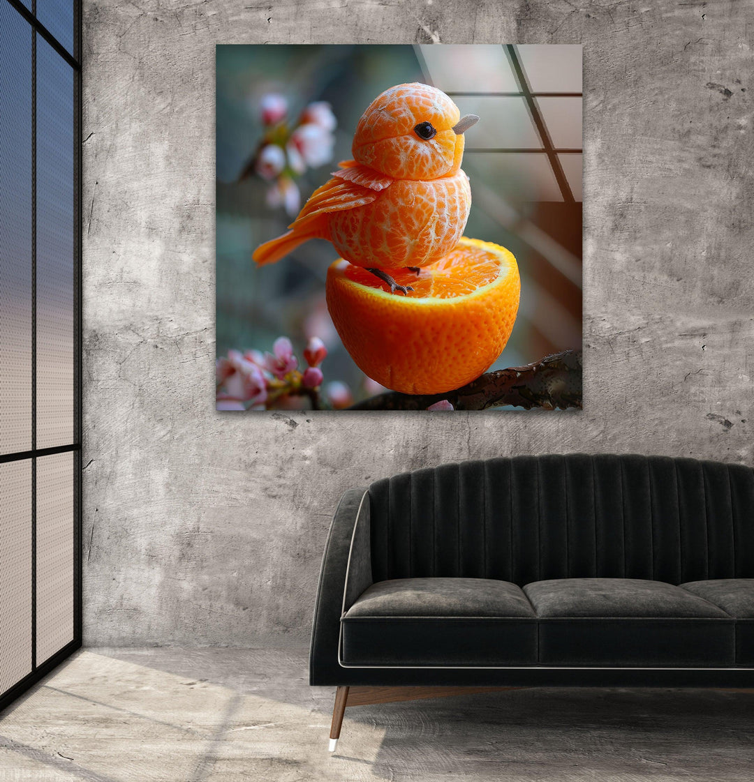 Tangerine Bird Glass Wall Art glass art painting, glass art for the Wall