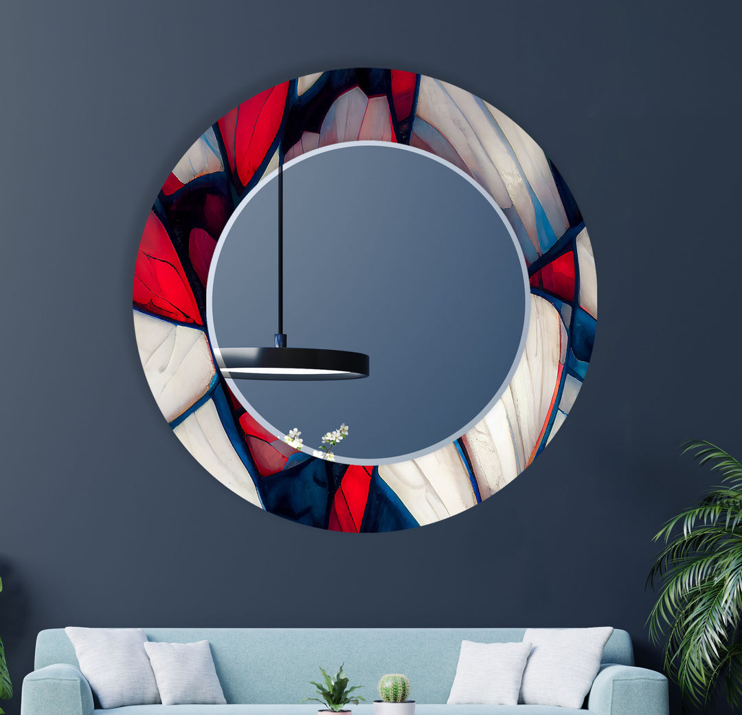 Stained Red & White Round Wall Mirror big mirror
