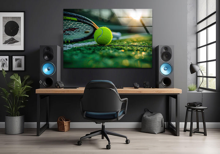 Tennis Ball & Racket Glass Wall Art custom glass pictures, glass art prints
