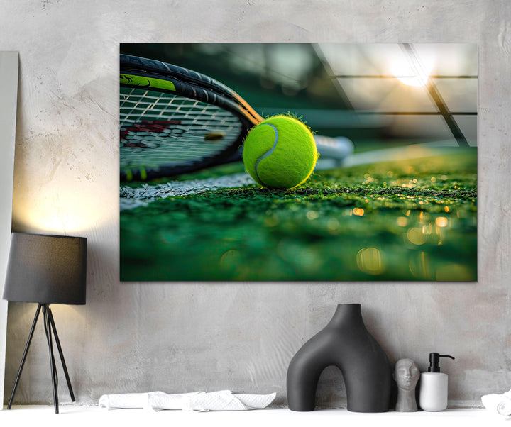 Tennis Ball & Racket Glass Wall Art large glass photo prints, glass wall photos
