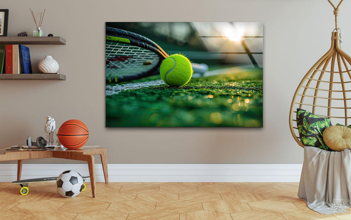 Tennis Ball & Racket Glass Wall Art custom glass photo prints, large glass prints
