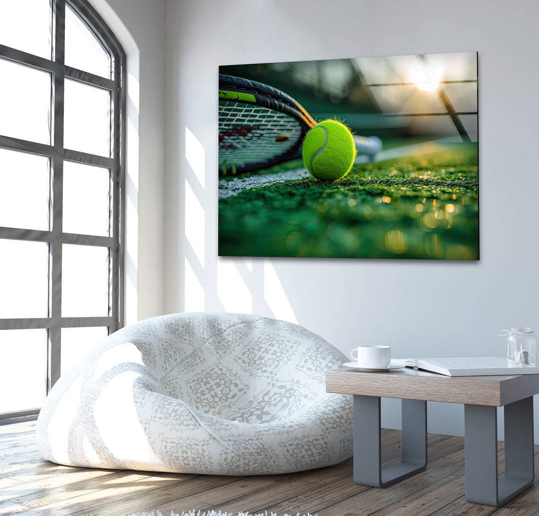 Tennis Ball & Racket Glass Wall Art picture on glass wall art, photos printed on glass
