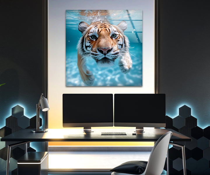 Tiger Swimming Underwater In the Pool Glass Wall Art glass image printing, glass prints from photos
