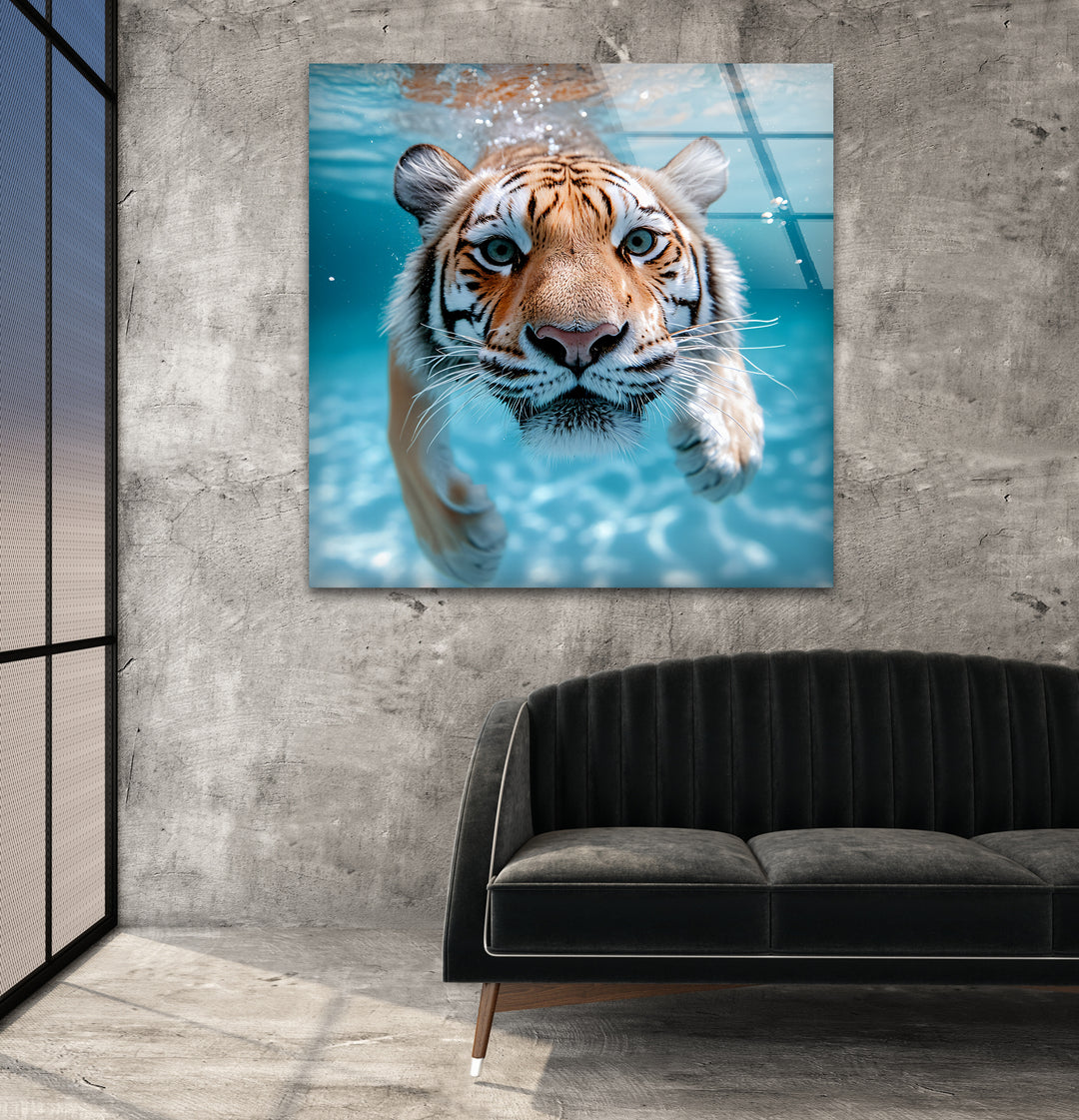 Tiger Swimming Underwater In the Pool Glass Wall Art art glass wall art, glass wall art pictures
