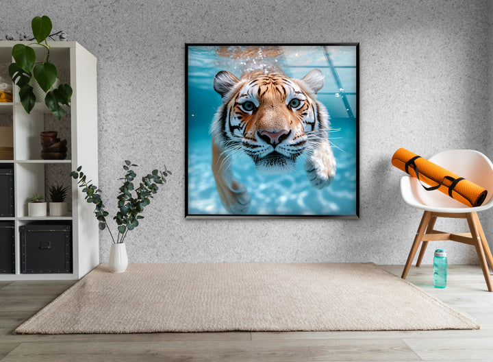 Tiger Swimming Underwater In the Pool Glass Wall Art  glass photo prints, glass picture prints
