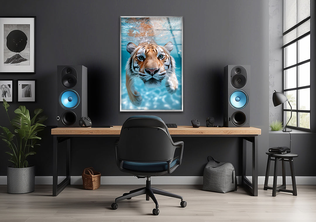 Tiger Swimming Underwater In the Pool Glass Wall Art glass pictures for Wall, glass prints wall art
