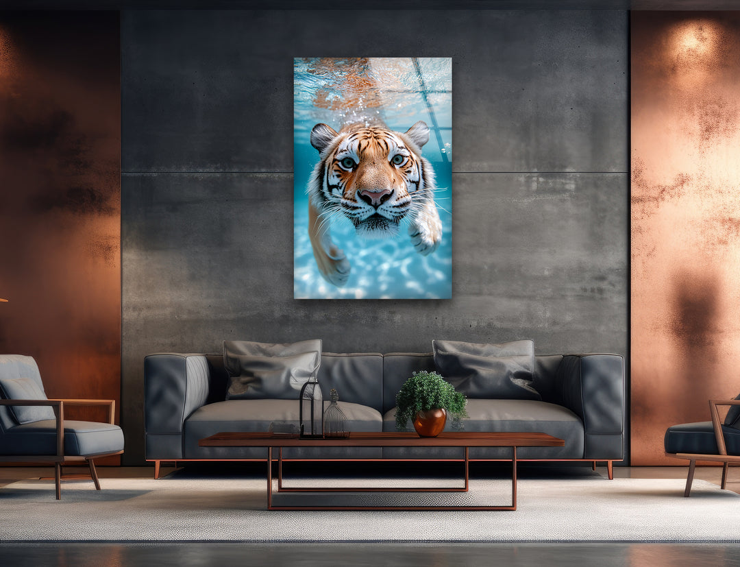 Tiger Swimming Underwater In the Pool Glass Wall Art custom glass pictures, glass art prints
